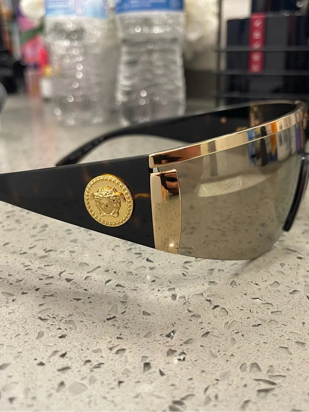 Versace Gold-Tinted Shield Sunglasses with Black Temples